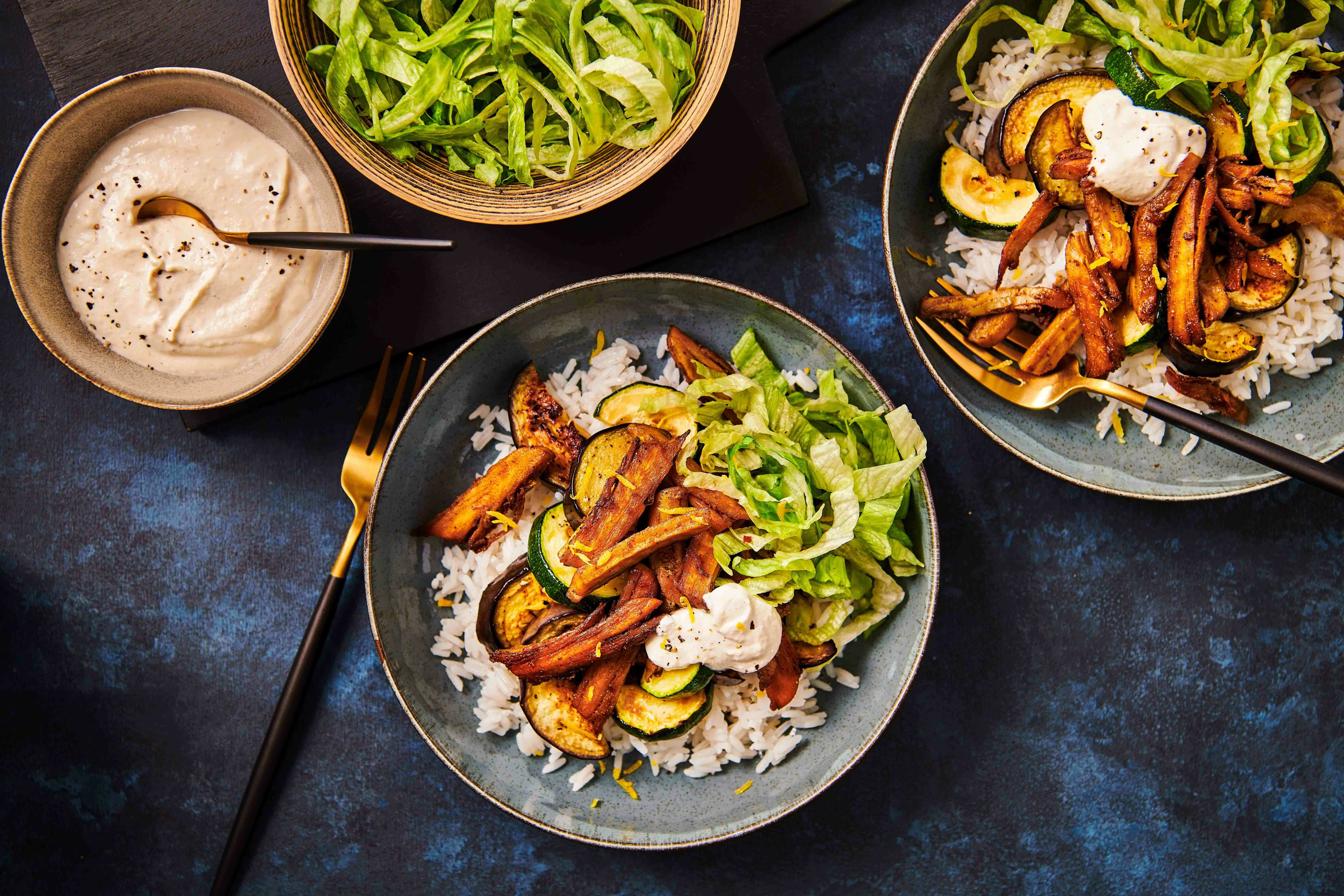 679 Pandanrijst vegetarische shoarma auberginereepjes tahini yoghurt