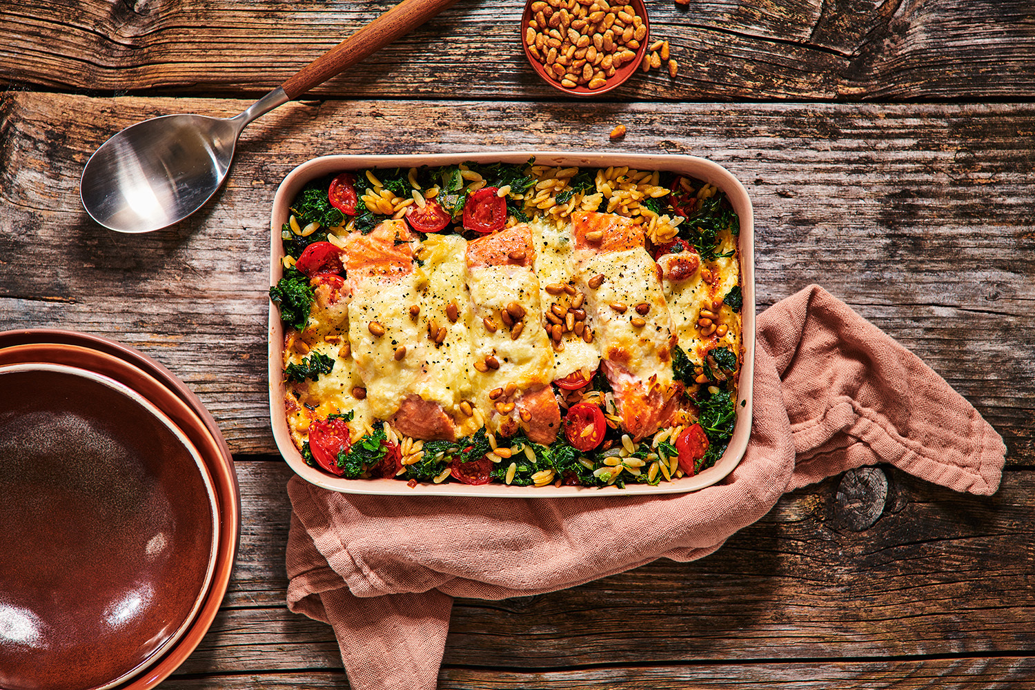 gegratineerde orzo met boerenkool