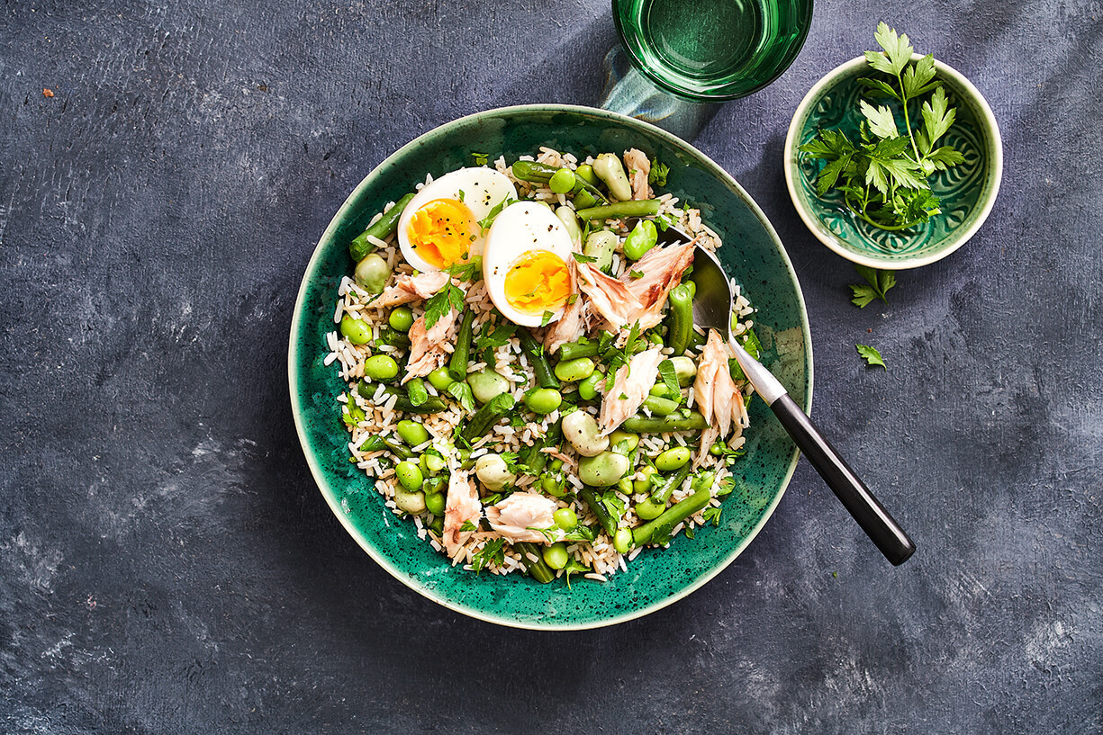 Halfvolkoren Toverrijst Groene Bonenrijst Metgerookte Makreel